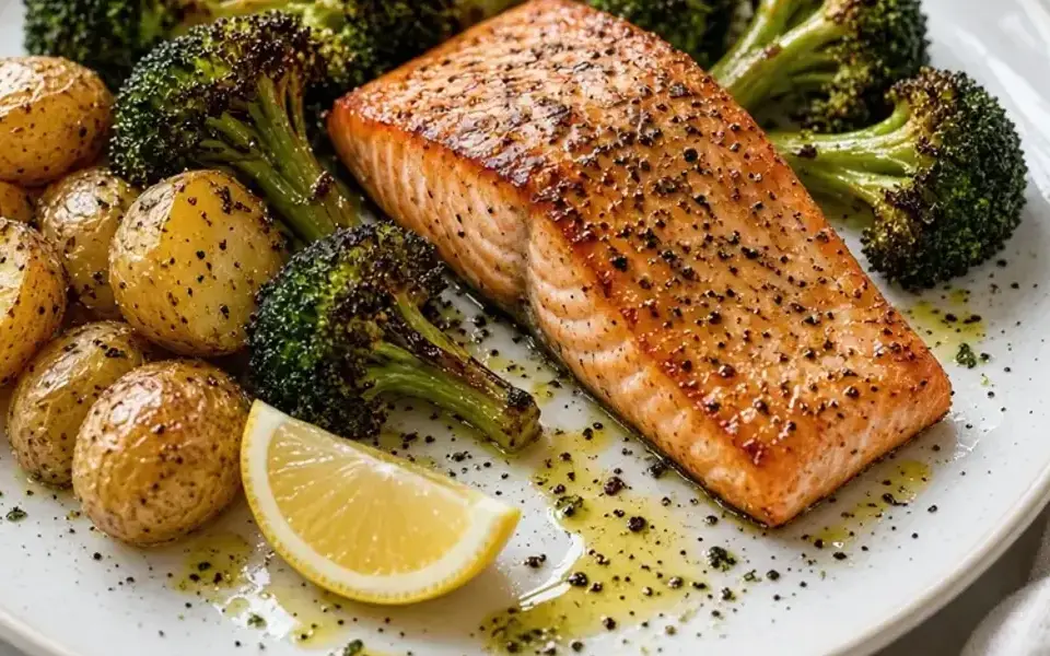 French salmon with broccoli and potatoes