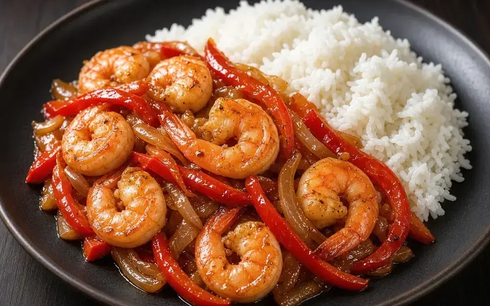 Shrimp etouffee with peppers and rice